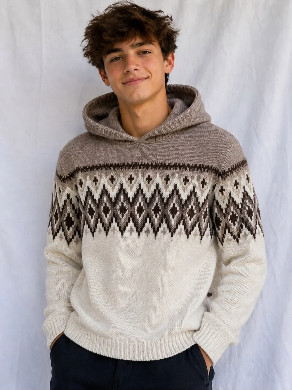 Old Navy Cream & Brown Hooded Fair Isle Knit Sweater